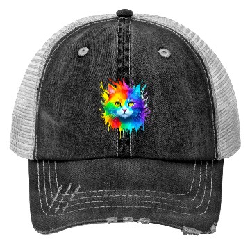 Discover Rainbow Cat Realistic Watercolor Cute Cat Paint Trucker Hats