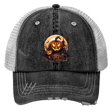 Discover Halloween Haunted House Spell Pumpkin Bat Trucker Hats