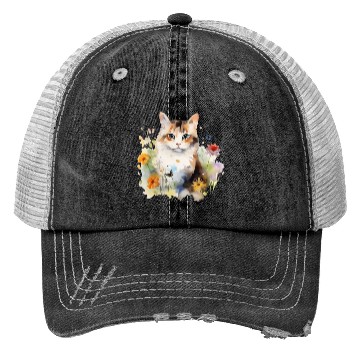Discover Watercolor Cat Flowers & Butterflies Trucker Hats