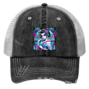 Discover Japan Geisha Retrowave Synthwave Cyberpunk Trucker Hats