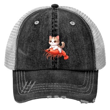 Discover Cat rides on shrimp Trucker Hats