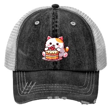 Discover Cherry Cake Delight: Sweet Comic Cat Indulges Trucker Hats
