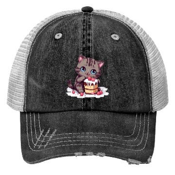 Discover Cherry Cake Delight: Sweet Comic Cat Indulges Trucker Hats