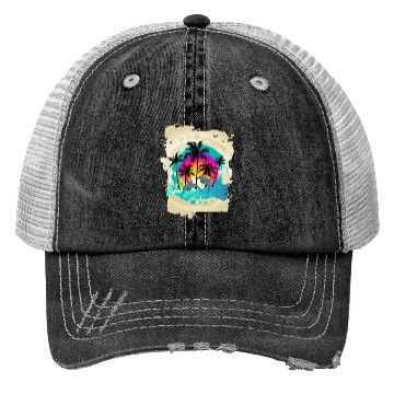 Discover Dolphin Palm Tree Sunset Trucker Hats