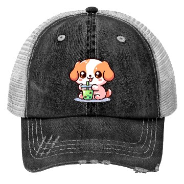 Discover Playful dog with bubble tea Trucker Hats