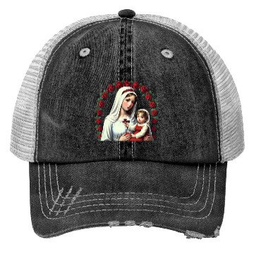 Discover Mother Mary and Baby Jesus with Red Roses Trucker Hats