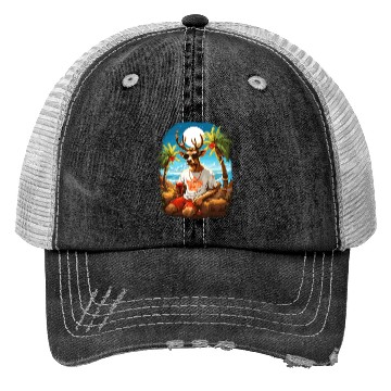 Discover Tropical Reindeer Holiday Escape Trucker Hats