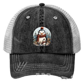 Discover Adorable penguins in Christmas sweaters decorating Trucker Hats