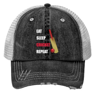 Discover Eat Sleep Cricket Repeat Red and White Text Trucker Hats