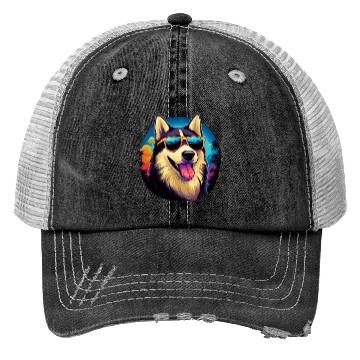 Discover Retro Wave Husky Dog Trucker Hats