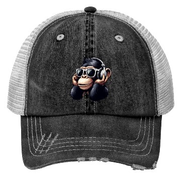 Discover Chimpanzee with sunglasses and headphones Trucker Hats
