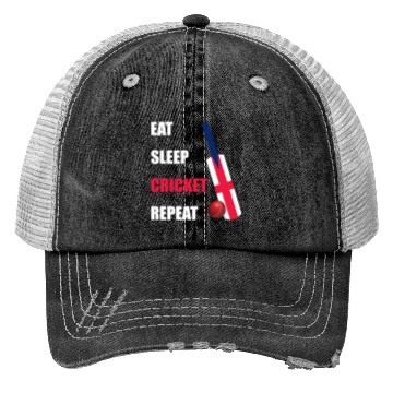 Discover Eat Sleep Cricket Repeat England Flag Cricket Bat Trucker Hats