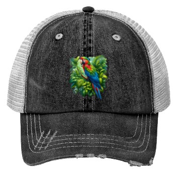 Discover Colorful parrot in the rainforest Trucker Hats