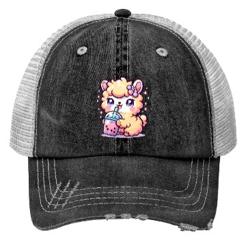 Discover Kawaii Llama Sips Bubble Tea Cute Llama Boba Tea Trucker Hats