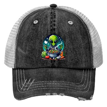Discover Alien chef cooks vegetable soup Trucker Hats