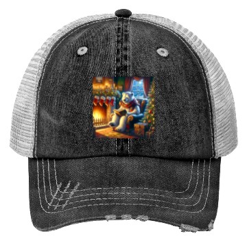 Discover Winter Tales-Merry Cozy Bear Reading by Fireplace Trucker Hats
