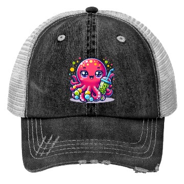 Discover Kawaii Octopus With Bubble Tea Sea Ocean Boba Tea Trucker Hats
