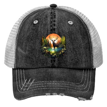 Discover Reindeer between trees river and nature Trucker Hats