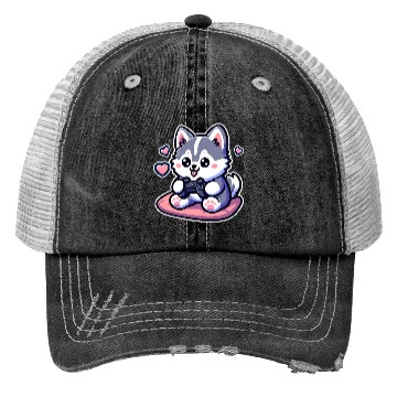 Discover Cute Husky Dog Sitting and Enjoy Play ConsoleGame Trucker Hats
