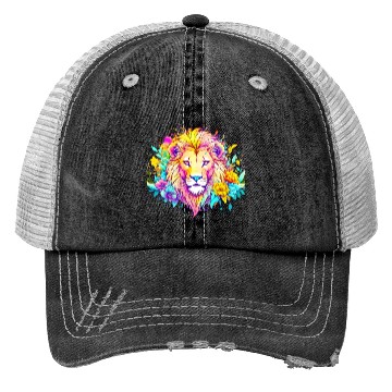 Discover Colorful lion surrounded by flowers Trucker Hats