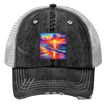 Discover Sunset Serenity: Pastel Beachscape Trucker Hats