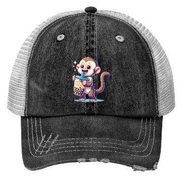 Discover Kawaii Bubble Tea Boba Cappuccino Monkey Trucker Hats