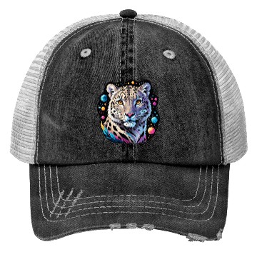 Discover Cosmic Leopard Portrait in Space Trucker Hats