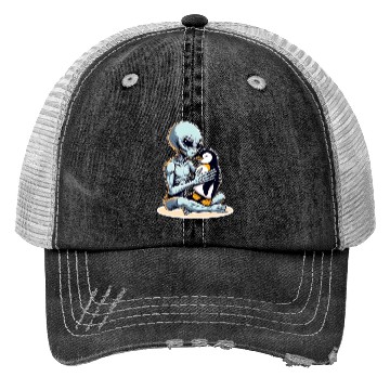 Discover Alien Embracing Penguin Trucker Hats