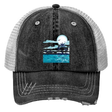 Discover Coconut palm tree and island, Sandy Beach, Coconut Trucker Hats