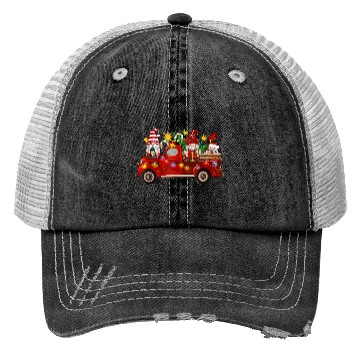 Discover Three Gnomes In Red Truck Trucker Hats