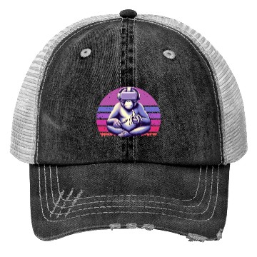 Discover Virtual Zen: Retro Aesthetic Gamer Gorilla Trucker Hats