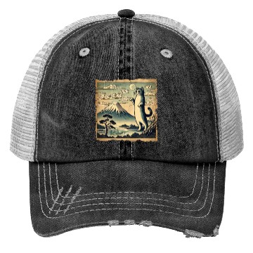 Discover Mt. Fuji Kitten Papyrus Scroll Retro Japanese Art Trucker Hats