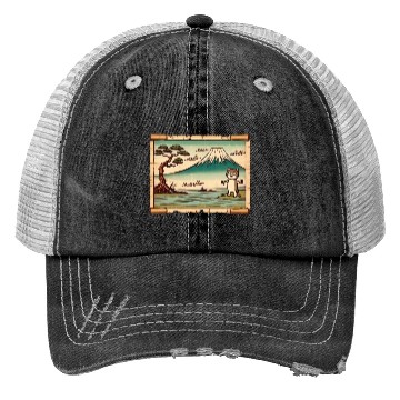 Discover Mt. Fuji Kitten Papyrus Scroll Retro Japanese Art Trucker Hats