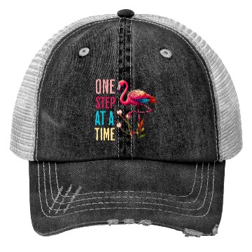 Discover One Step At A Time Flamingo Design Trucker Hats