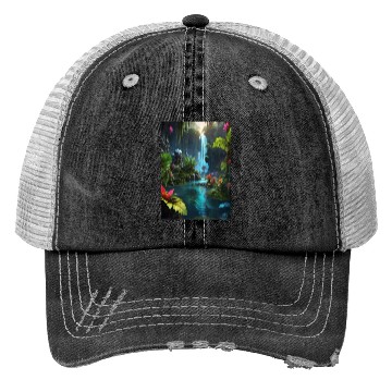 Discover alien jungle with a lagoon and waterfall Trucker Hats