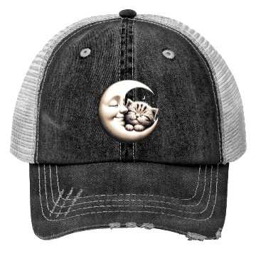 Discover Peaceful Kitten and Moon Embrace Trucker Hats