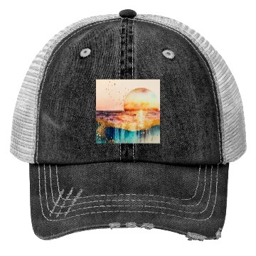 Discover Sunset Beach Watercolor Painting Trucker Hats