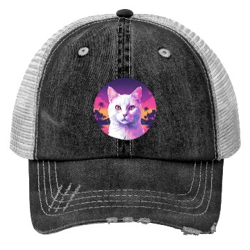 Discover Synthwave White Cat 2 Trucker Hats