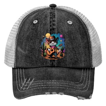 Discover funny cowboy cat with guitar Trucker Hats