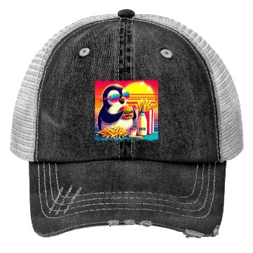 Discover Vintage Penguin in Retro Sunset Dining Trucker Hats