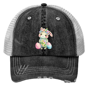 Discover Cute Easter Bunny with Flowers. Watercolor Trucker Hats