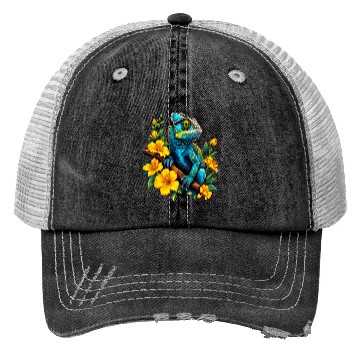 Discover Chameleon on a Branch Surrounded by Flowers Trucker Hats