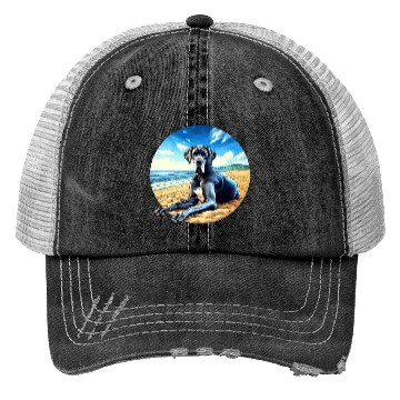 Discover Great Dane on the Beach Cartoon Trucker Hats