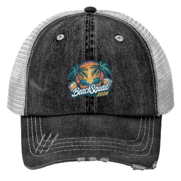 Discover Beach Squad 2024 Tropical Sunset and Palm Trees Trucker Hats