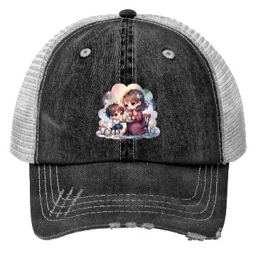 Discover Mother and Son Enjoying a Cozy Tea Party Trucker Hats