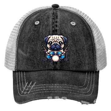 Discover Cool Pug Drummer Puppy Beats Design Trucker Hats