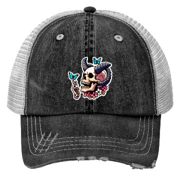 Discover Pixel Art Horned Skull enjoy the butterflies Trucker Hats