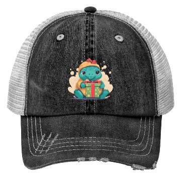Discover Cute Little Green Turtle Holding a Gift Trucker Hats