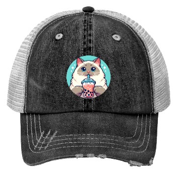 Discover Siamese cat having bubble tea Trucker Hats