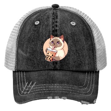 Discover Siamese cat having bubble tea Trucker Hats